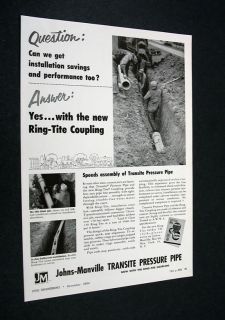 Johns Manville Asbestos Transite Pressure Pipe 1954 Ad  