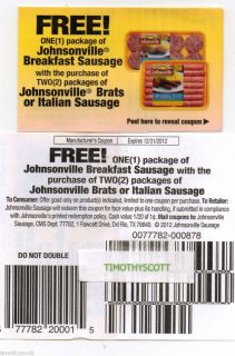 10 Coupons FREE JOHNSONVILLE Breakfast Sausage wyb 2 Brats or Italian 12 31 2012  