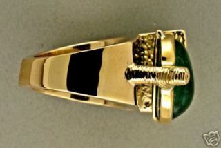 Designer Jordin Estate 1950s 10 0ct Cabochon Emerald Heavy Bezel Set Gold Ring  