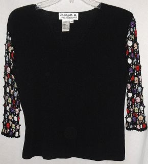 JOSEPH A SEXY BLACK KNIT WITH CROCHED BEADED FLORAL ARMS KNIT TOP M NWOT  