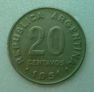 Argentina KM 48 1951 20 Centavos Coin  