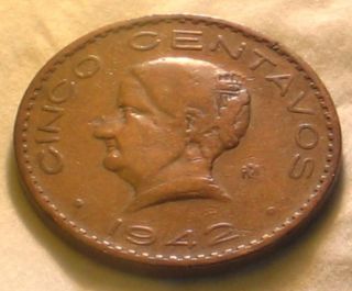 Mexico 1942 5 Centavos Josefa Scarce Coin Key Date  