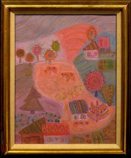 Josette Bardoux Paysage en Rose Original Oil Painting France farm cow  