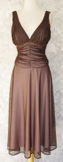 JS BOUTIQUE Brown Beaded Stretch Mesh Empire Dress 10 Ruched Waist Evening Party  