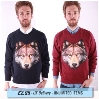 Vintage Mens Wolf Wildlife Animal Sweater Jumper New