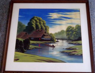 Vintage Early 1960s Mid Century Modern Framed Japanese Silk Painting