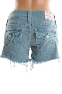 True Religion New Keira Blue Fringe Hem Flap Pocket Mini Denim Shorts