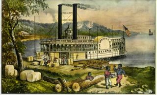 Old Print Mississippi Loading Cotton Steam Riverboat