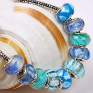 10x Light Blue Lampwork Glass Large Hole European Beads