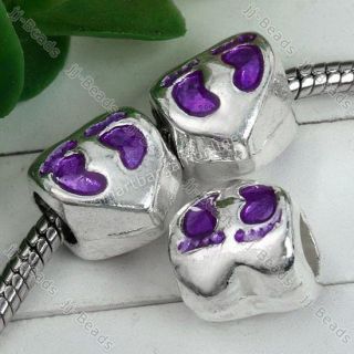 5pc Silver Plated Enamel Footprint Heart Big Hole Beads