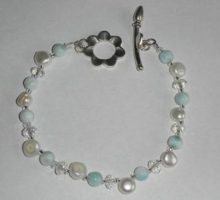 Sterling Silver Pearl Round Larimar Beads Bracelet