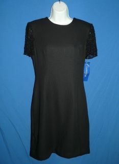 Laurence Kazar L Black Formal Evening Dress Short Sheer Beaded Sleeves