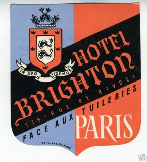 1940s Luggage Label Hotel Brighton Paris France