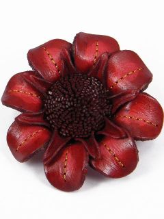 Genuine Leather Lewisia Flower Brooch Pin DDA3 Red 3 In