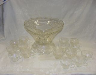 Vintage Glass Punch Bowl with Stand 12 Cups Harvest Grape Pattern