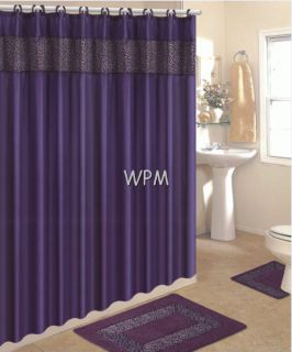 Set Purple Leopard Bath Rugs Fabric Shower Curtain Matching Mat