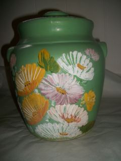 Vtg Ransburg Stoneware Pottery Aster Flowers Green Cookie Jar