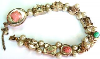 Gorgeous Vintage Pearls Charms Slide Bracelet Lion Shield Glass Stones