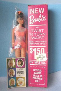 1966 Vintage Dk Brown Hair TNT Twist Turn Trade In Barbie Doll Sealed