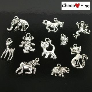  Tibetan silver mixed amimal Elephant Horse Frog Lion Charms Beads
