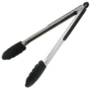 Black Silicone Coated Stainless Steel Scalloped Locking Tongs