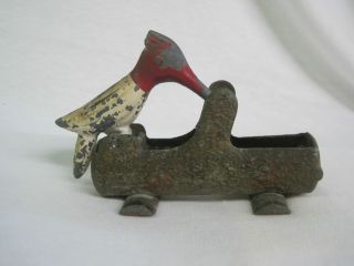 Antique Cast Iron Woodpecker on A Log Toothpick Holder Grabber