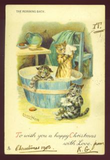 Louis Wain Artist Design 3 Cats Bathing Pub by Tuck Used 1903