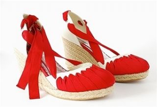Lovely People Robin Strappy Espadrille Wedge w Ankle Wrap Ribbons Red