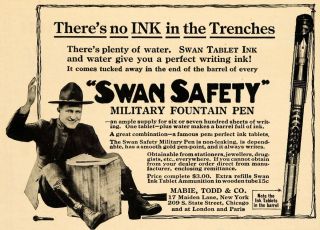 Ad Swan Military Fountain Ink Pen WWI Mabie Todd ORIGINAL ADVERTISING