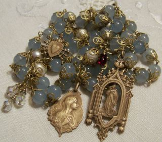 Vintage Rosary Mary Magdalene Genuine Aquamarine Cultured Pears