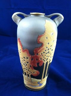 Antique Japanes Nippon Kinran Coralene Scenic Two Handled Vase