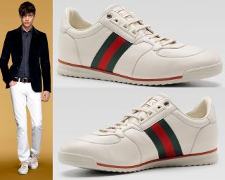 GUCCI MENS SNEAKERS SHOES WITH WEB DETAIL WHITE LEATHER sz 13G 13 5D