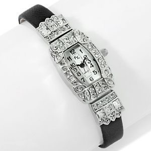 Xavier Stunning Tonneau Shaped Crystal Leather Watch   New w/o Tags