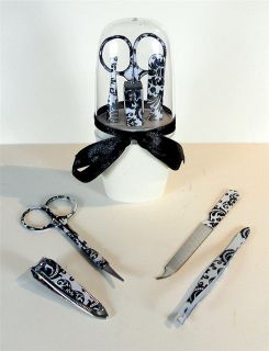 Piece Damask Manicure Set Kit Scissors Clipper File Tweezers w Case