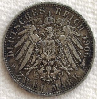 1906 F German States Wurttemberg 2 Mark KM 631 900 Silver Coin