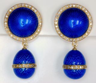 Guilloche Blue Enamel Egg Earrings Faberge Like