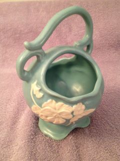 Vintage Weller Art Pottery Blue with White Floral Footed Basket Vase 8