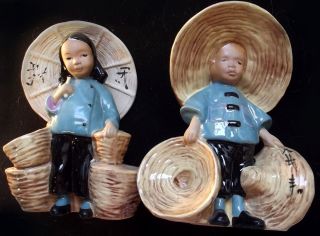 1947 McCarty Bros Chinese boy & girl figurine planters (California