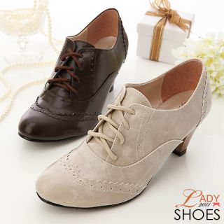 womens Lace Up Oxford Mid Heel Shoes 2 Colors