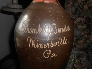 Minersville Pa Frank J. Bender Stoneware Jug Script Scratch Red