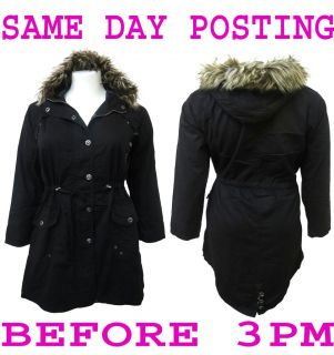 NEW WOMENS PLUS SIZE BLACK CANVAS PARKA JACKET FUR HOODED OUTDOOR