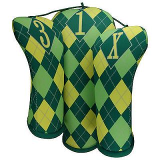 Green & Yellow Argyle Women Golf Club Head Covers Set of Three USA