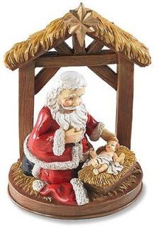 Kneeling Adoring Santa w Stable 4 Nativity Collectible Christmas