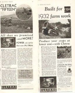 1932 Cletrac CRAWLER Tractor 2 ads (Made for Farm Work)