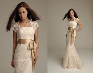 Short sleeve Lace mermaid Dark champagne/lvor y/white Wedding dress
