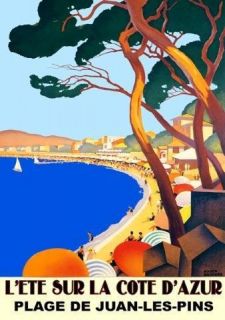Cote Azur Juan Les Pins Beach Umbrellas Sailboat Vintage Poster Repo