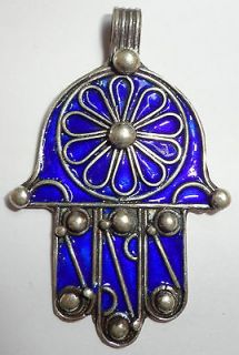 Blue Enamel Moroccan Berber Hamsa Hand Amulet Talisman Flower PENDANT