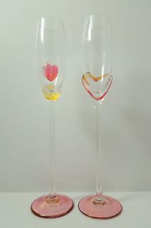 PINK AMBER HEART CHAMPAGNE FLUTES GLASSES WEDDING TOAST ION TAMAIAN
