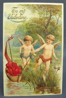 Antique Postcard Valentines Day To My Two Cherubs Pulling Canoe Full