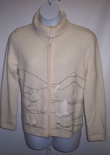 Holiday Sweater XL Ivory Wool Angora Winter Skaters Beaded Quilted
